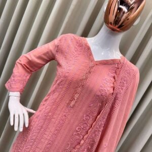 Women's Chinon Silk with Cotton Thread Embroidery Straight Kurti With Pant and Dupatta set