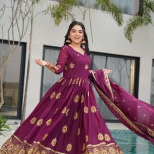 Women’s Ethnic Anarkali Style Floor-Length Gown in Magenta with Golden Zari Embroidery – Festive & Wedding Wear