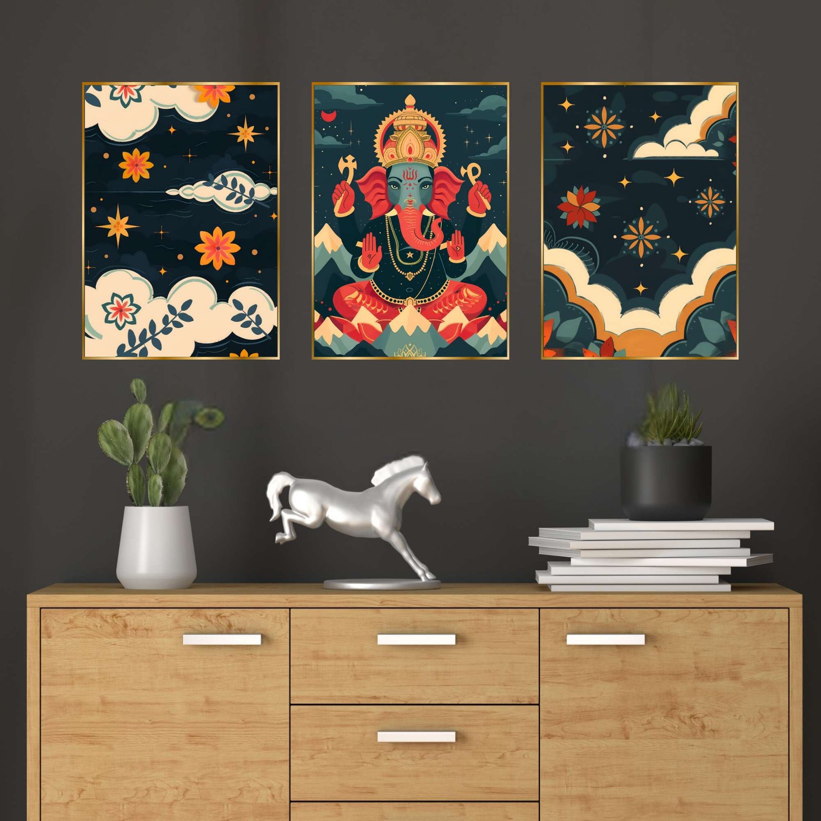 Set of Three Wall Paintings for Wall Dacoration Golden Framed Wall Paintings for Living Room & Bedroom Wall Art for Home Decoration & Office Wall Décor (24x18 inch CH-GD3-6)