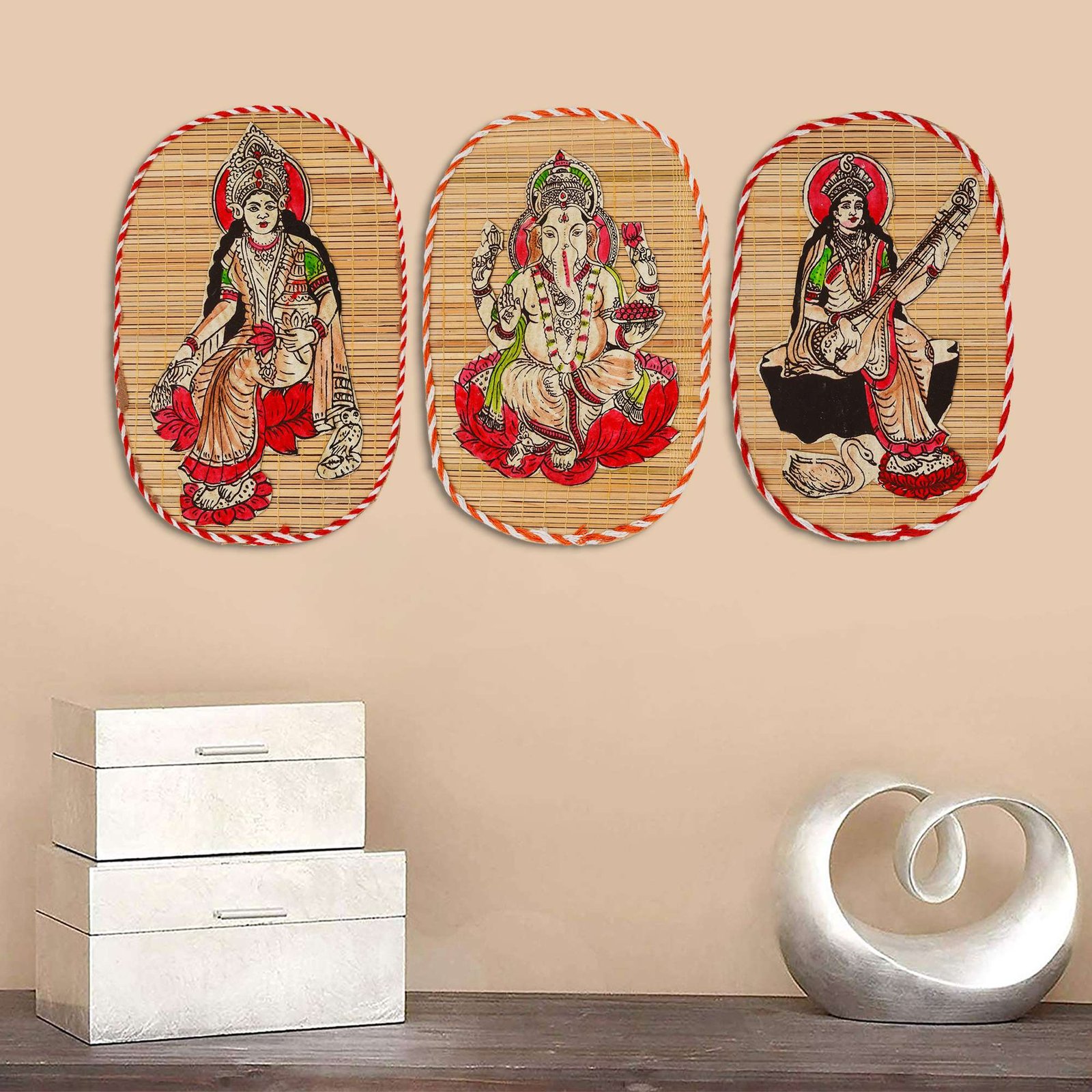Bamboo Hand Crafted Wall Hangings Of The Trio Of Ganesh Ji, Laxmi Ji And Sarwasti Ji Painting For Home Decor