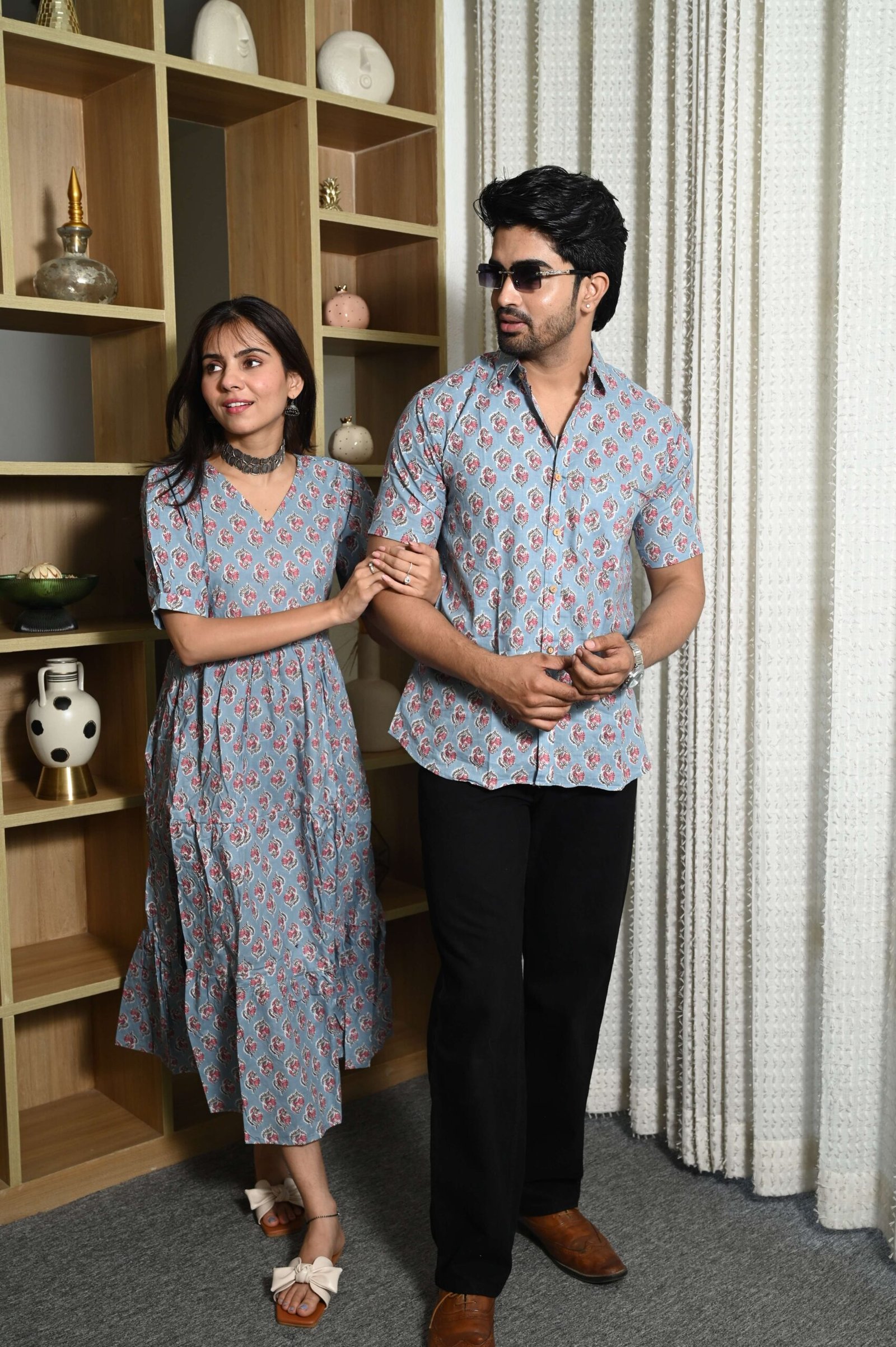Couple Matching Sky Blue Cotton Anarkali Midi Dress and Shirt Set ? Pink Floral Print - Image 3